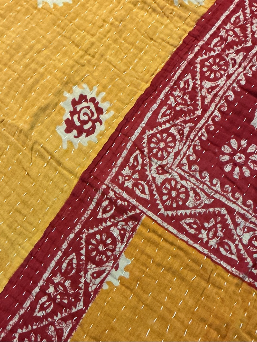Kantha Blanket Twin Size ~ Red & Yellow - Picture 4 of 4